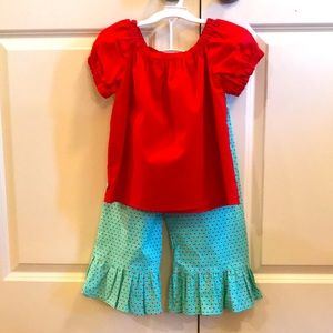Boutique style girls peasant shirt and ruffle pants.  Handmade. Various sizes.
